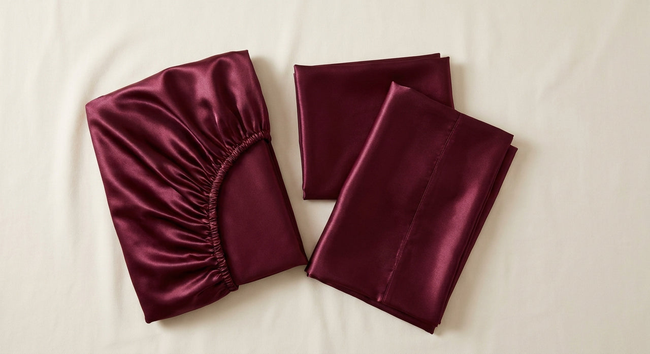 Parure de lit 3 pièces en satin glossy bordeaux - StudioSoie