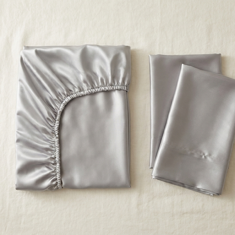 Parure de lit 3 pièces en satin glossy gris argenté - StudioSoie