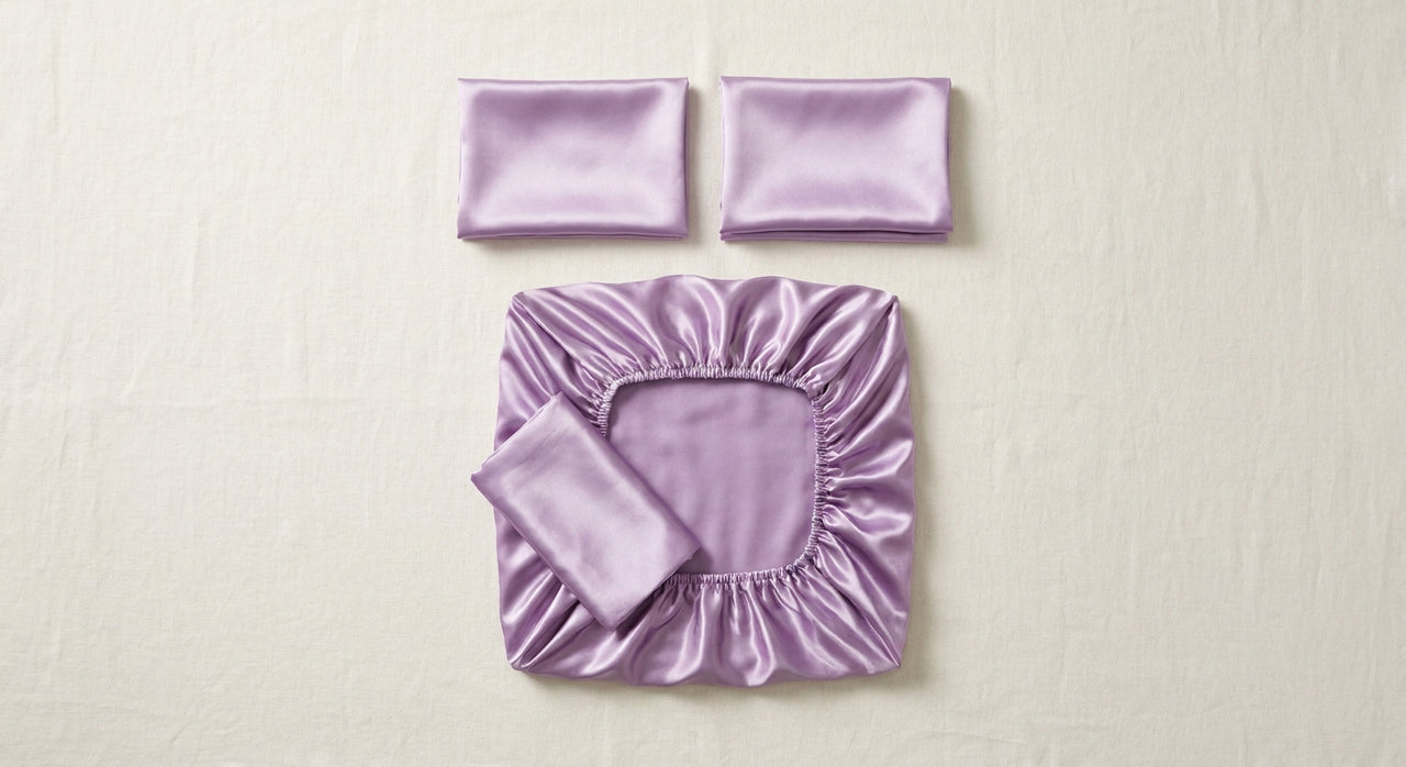 Parure de lit 3 pièces en satin glossy lilas - StudioSoie