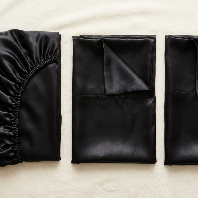 Parure de lit 3 pièces en satin glossy noir - StudioSoie