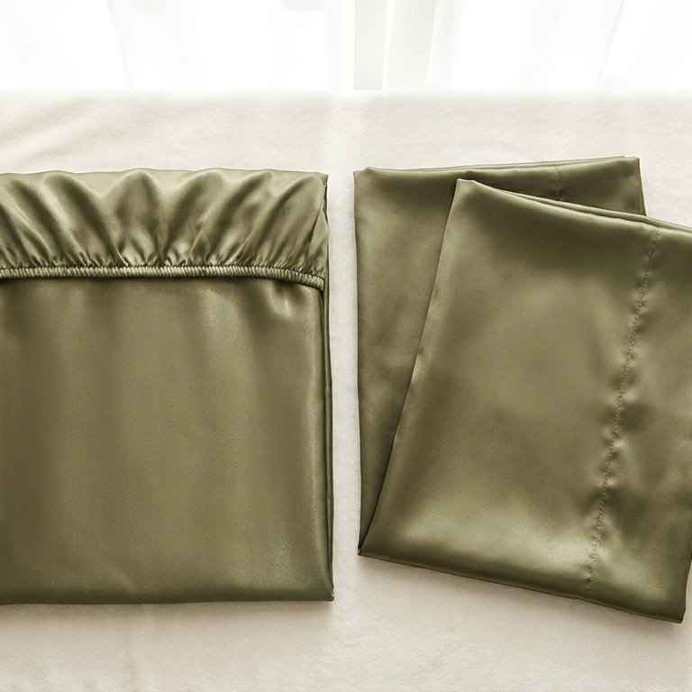 Parure de lit 3 pièces en satin glossy vert militaire - StudioSoie