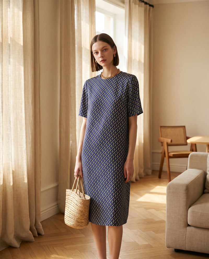 Printed Mulberry Silk Twill Shift Dress - Short-Sleeve Women's