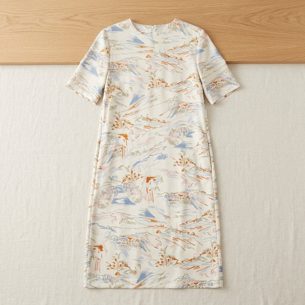 Robe droite en sergé de soie de mûrier – coloris Imprimé Ivoire – StudioSoie