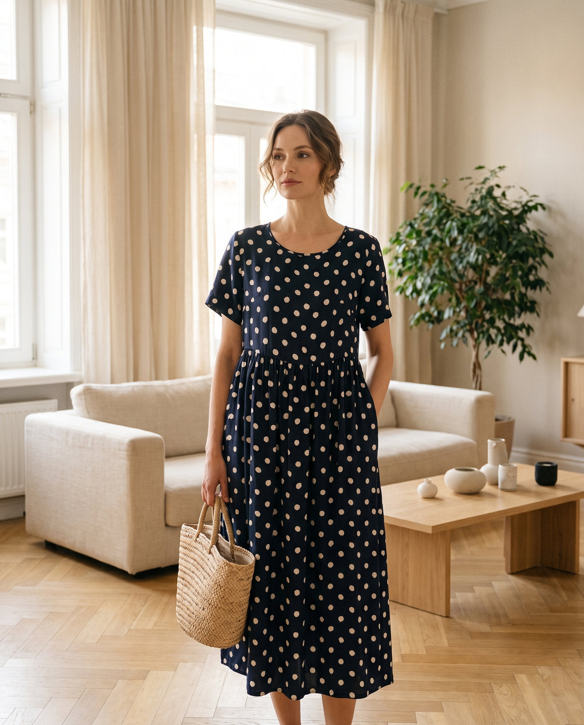 Robe longue en soie de mûrier à pois portée – StudioSoie