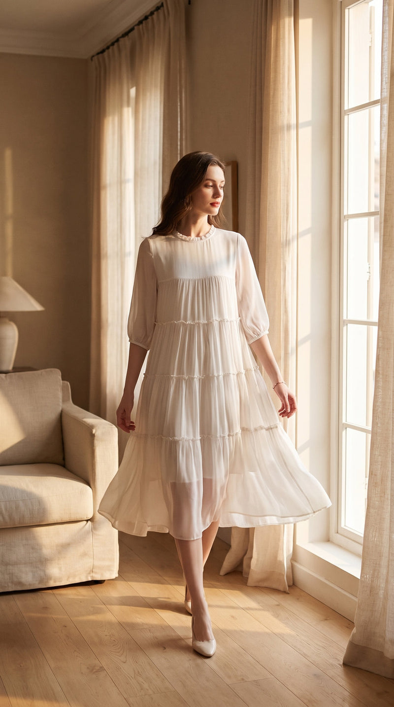 Robe longue en georgette de soie à volants – visuel 2 – StudioSoie