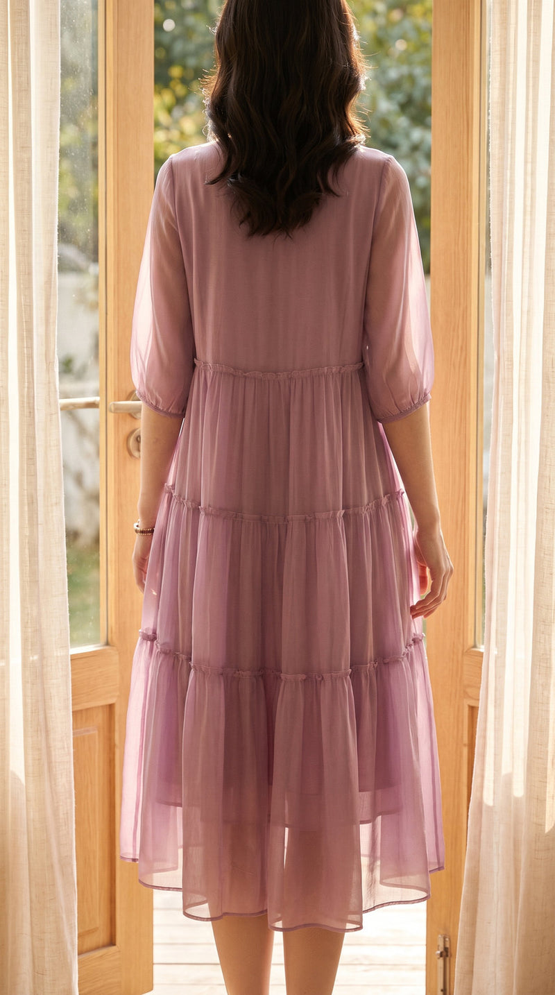 Robe longue en georgette de soie à volants – visuel 3 – StudioSoie
