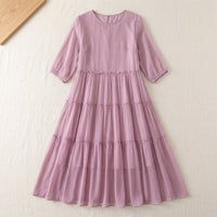Robe longue en georgette de soie à volants – coloris Lilas – StudioSoie