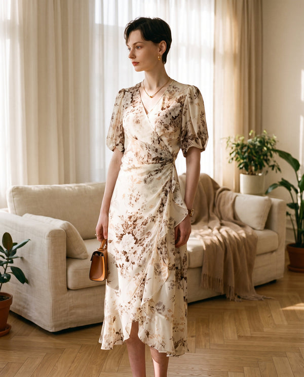 Damen-Wickelkleid aus 100 % Maulbeerseiden-Crêpe - Blumenprint