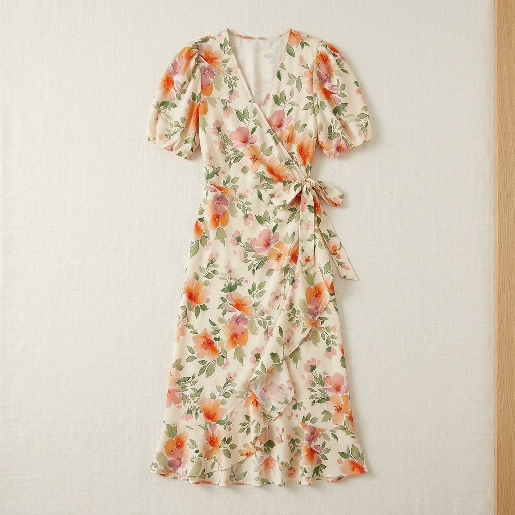 Robe portefeuille en crêpe de soie de mûrier – coloris Fleurs Corail – StudioSoie