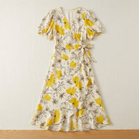 Robe portefeuille en crêpe de soie de mûrier – coloris Fleurs Jaunes – StudioSoie