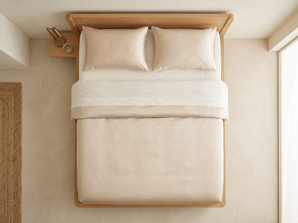 Lit vu du dessus, taies, drap housse et housse de couette en soie