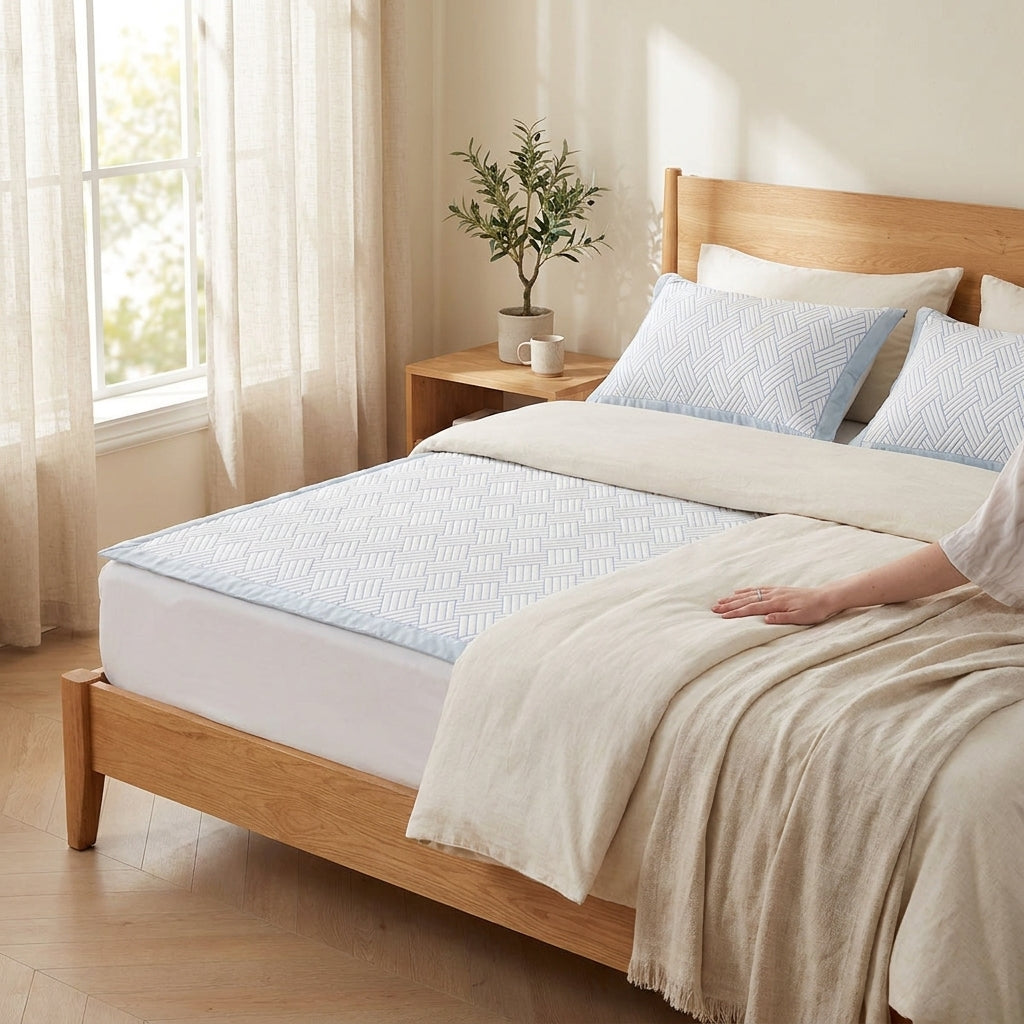 Surmatelas rafraîchissant et taies assorties sur un lit