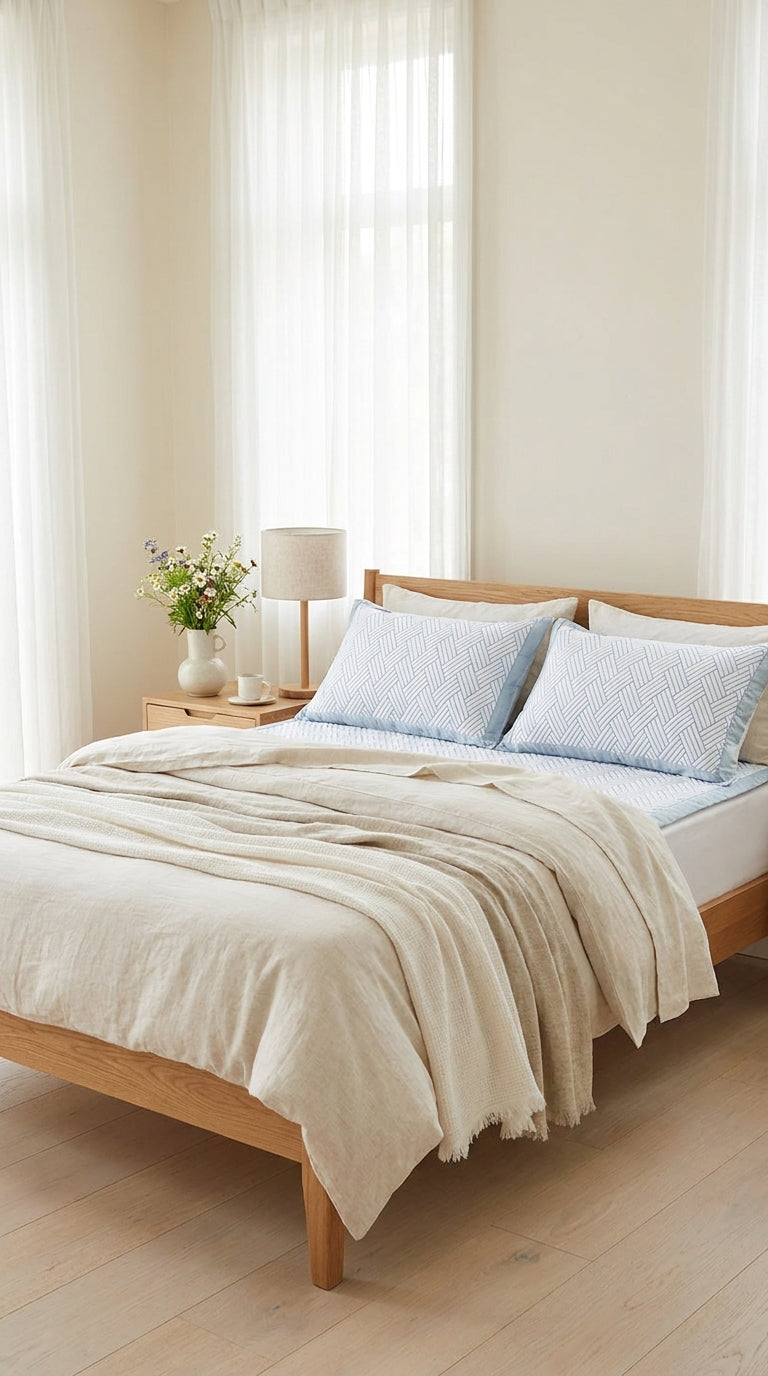 Surmatelas et taies disposés sur le lit, lumière d'été - StudioSoie