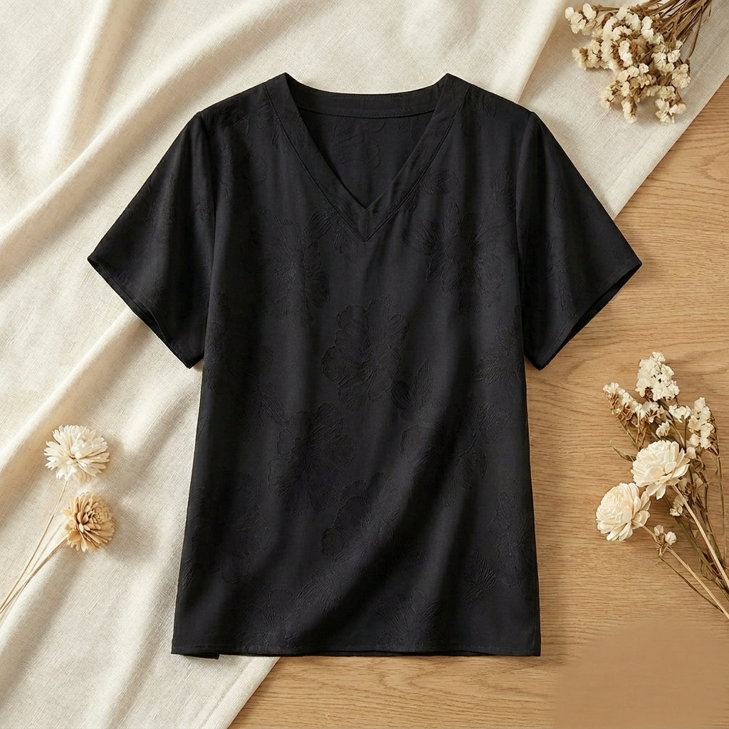 T-Shirt Col V en Soie de Mûrier - Haut Manches Courtes Crêpe Jacquard Femme 100% Soie Naturelle - StudioSoie
